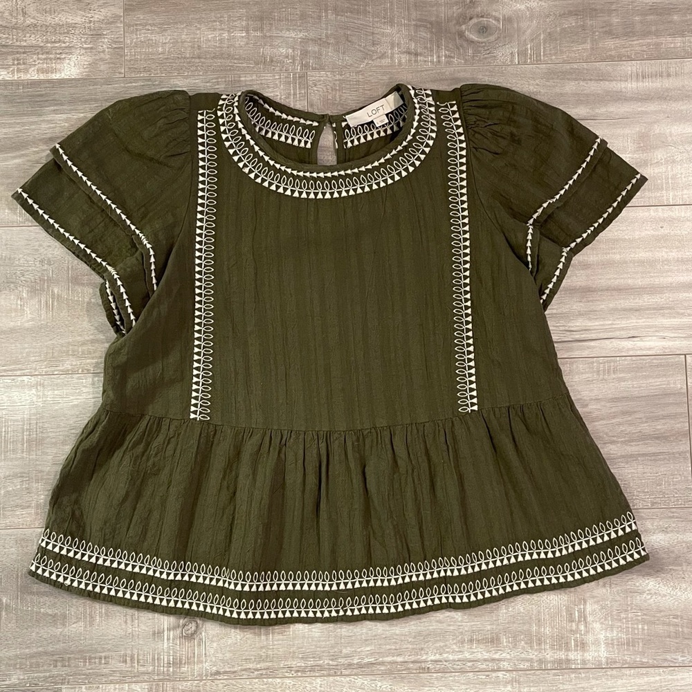 LOFT Embroidered Ruffle Sleeve Peplum Top